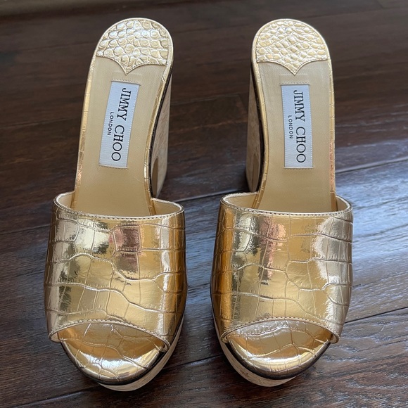 NWT Brand New Jimmy Choo Deedee Gold Leather Cork Sandals Women’s Size 7 - Picture 4 of 13